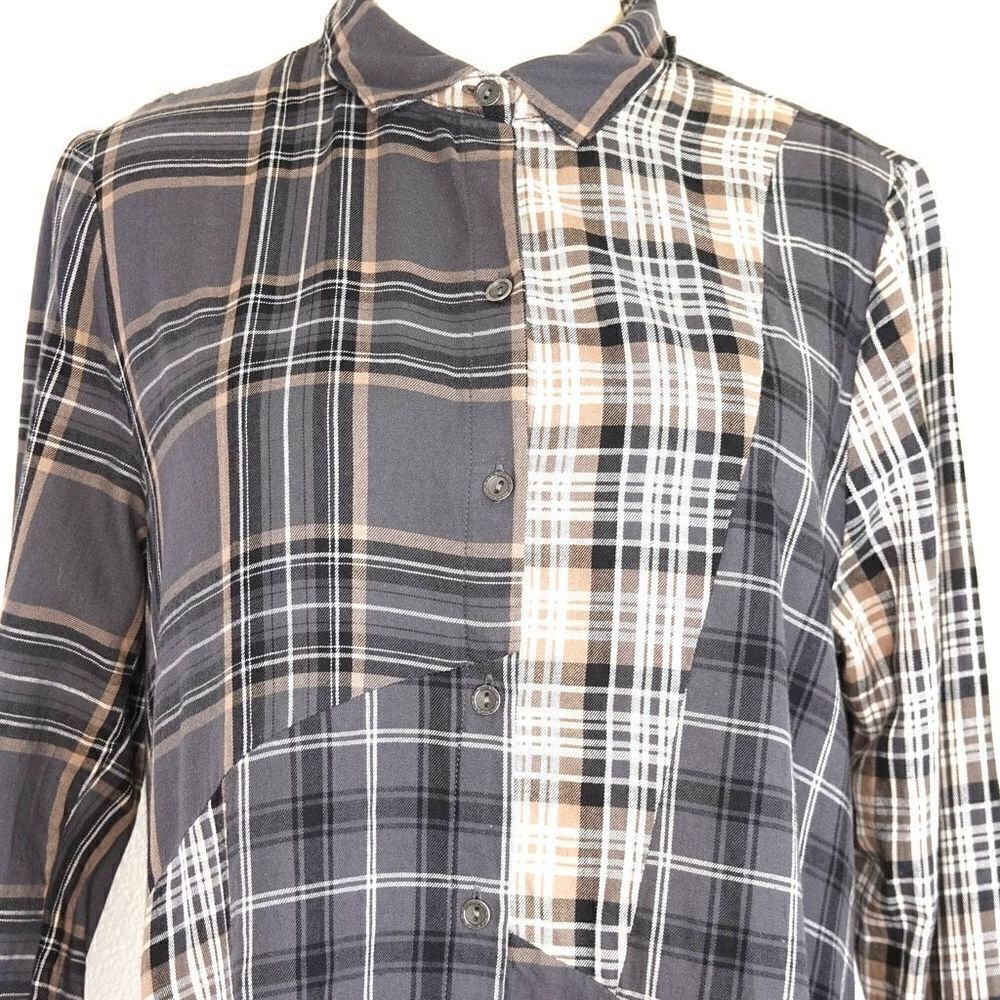 J.Jill Long Multi Plaid Button Down Blouse Tan Black White Size Medium Petite - Picture 2 of 14